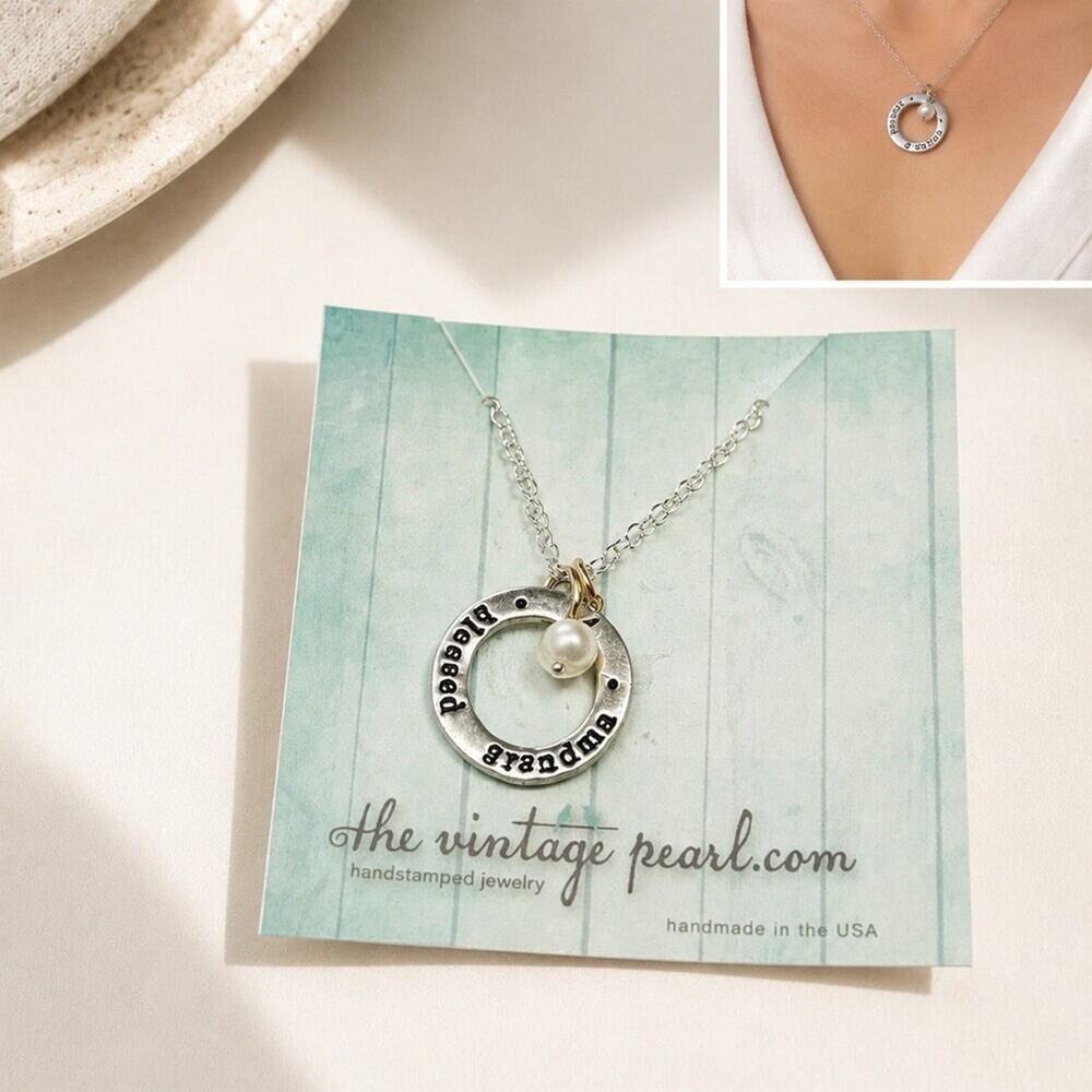 The Vintage Pearl Necklace Blessed Grandma Washer Pendant silver Charm elegant